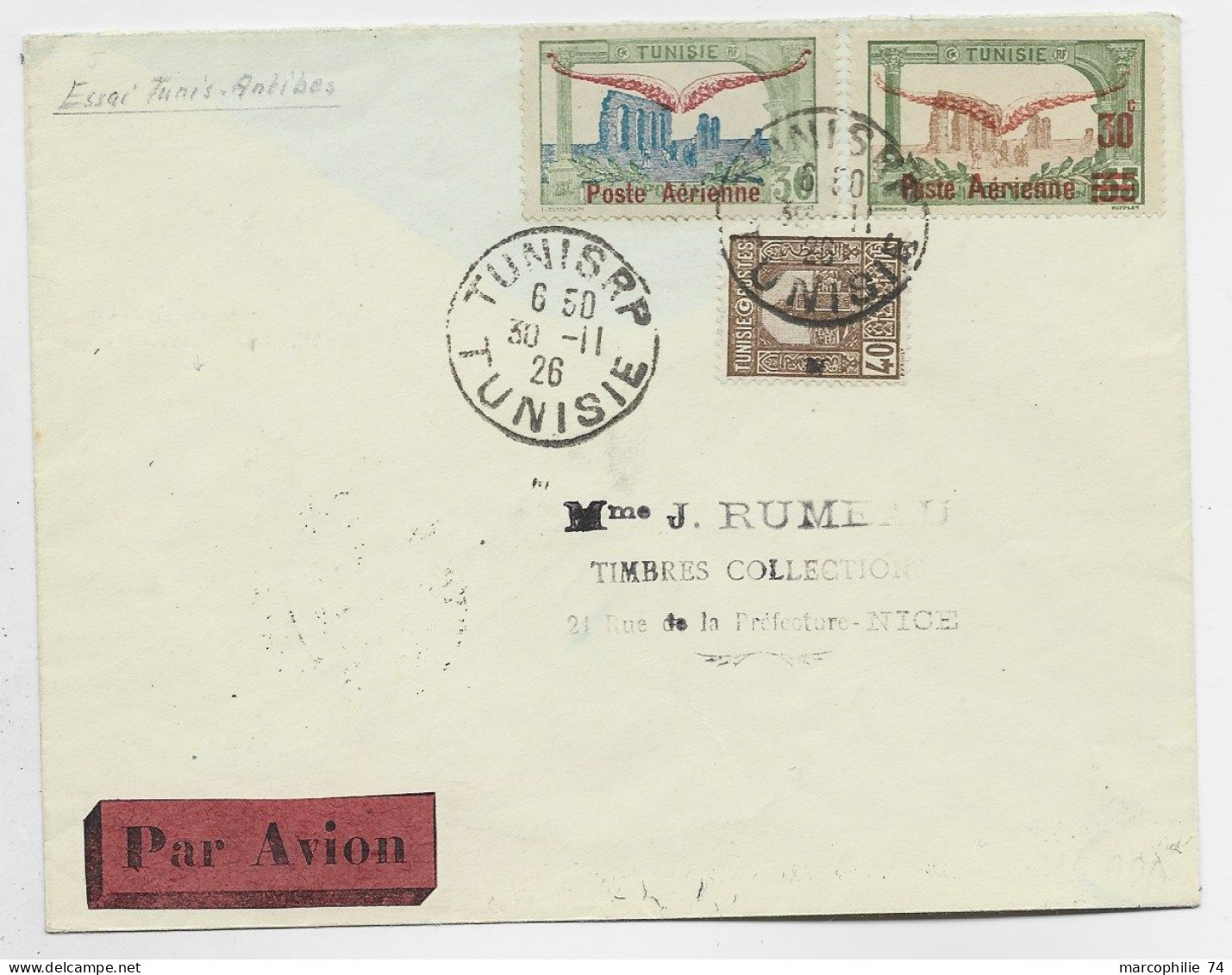 TUNISIE 40C + PA 30CX2 LETTRE COVER AVION TUNIS RP 30.11.1926 POUR NICE ESSAI TUNIS ANTIBES RARE - Poste Aérienne