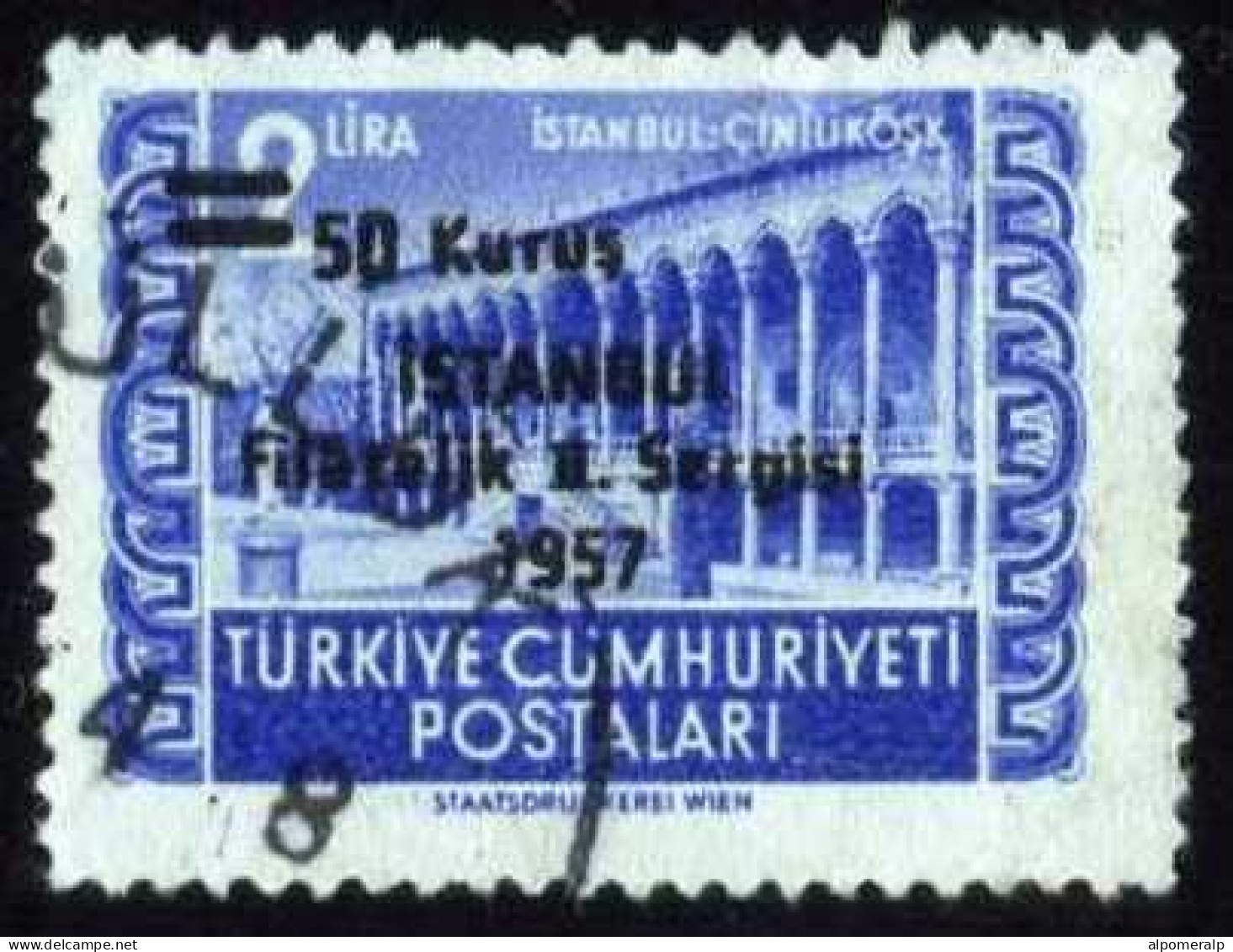 Türkiye 1957 Mi 1530 Surcharged Stamp For Istanbul Philatelic Exhibition, Building - Gebraucht