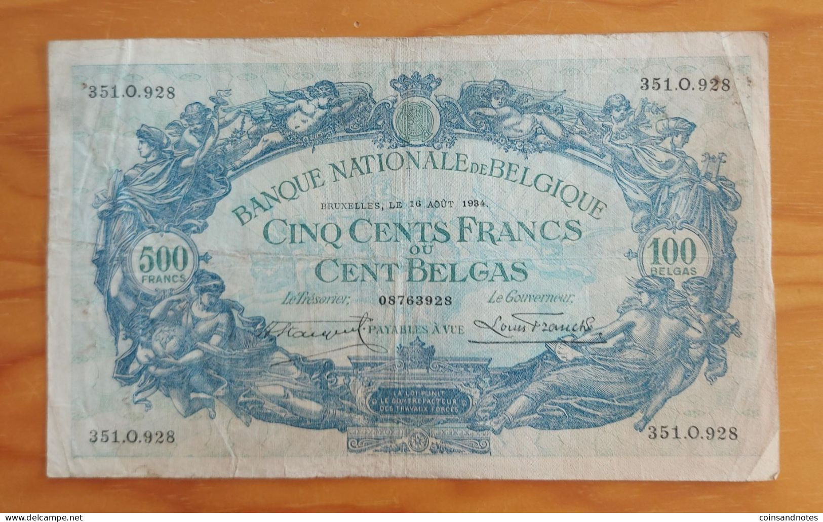 Belgium 500Fr Biljet ‘Type 1887’- Nr 351O928 - Morin 79a - VF/ VVF - 500 Francs-100 Belgas