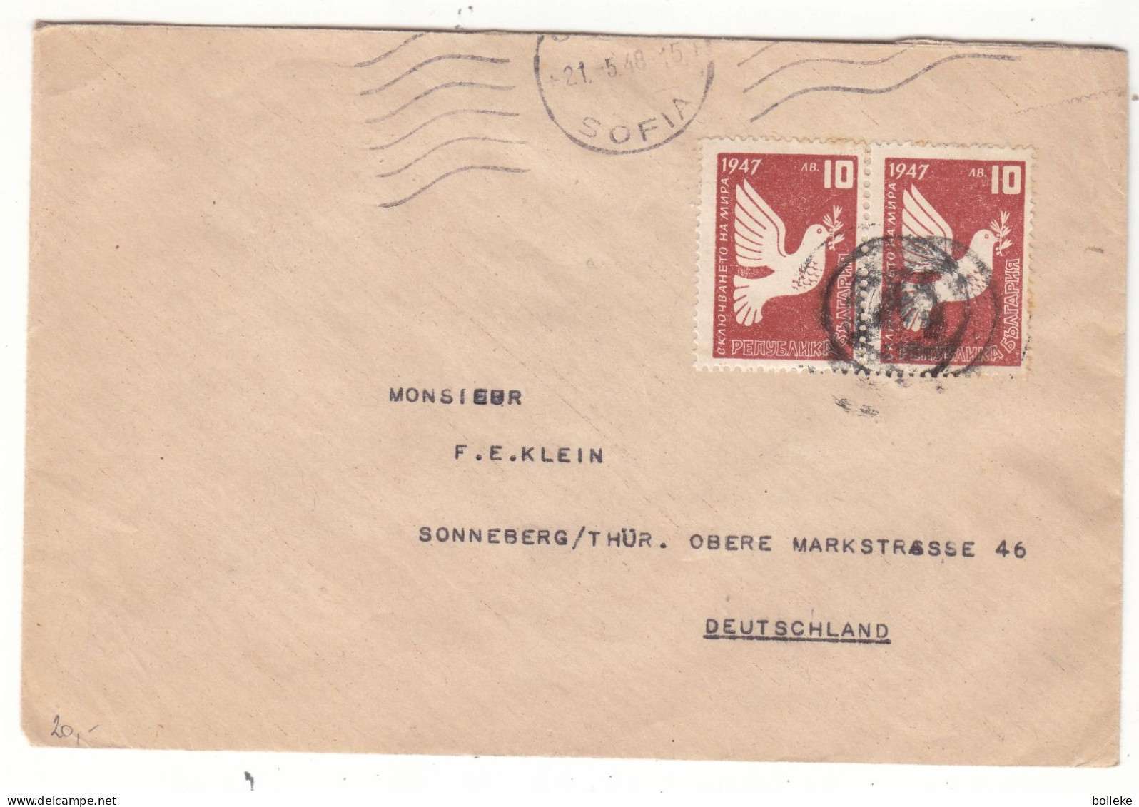 Bulgarie - Lettre De 1948 - Oblit Sophia - Exp Vers Sonneberg - Pigeons - - Brieven En Documenten