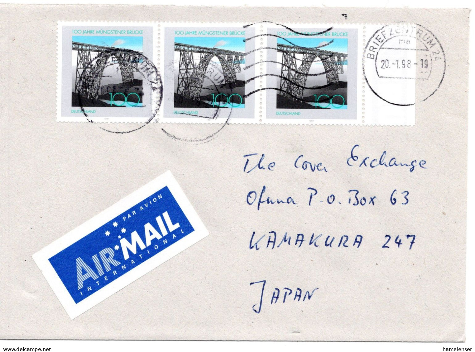 66278 - Bund - 1998 - 3@100Pfg Muengstener Bruecke A LpBf BRIEFZENTRUM 24 -> Japan - Briefe U. Dokumente