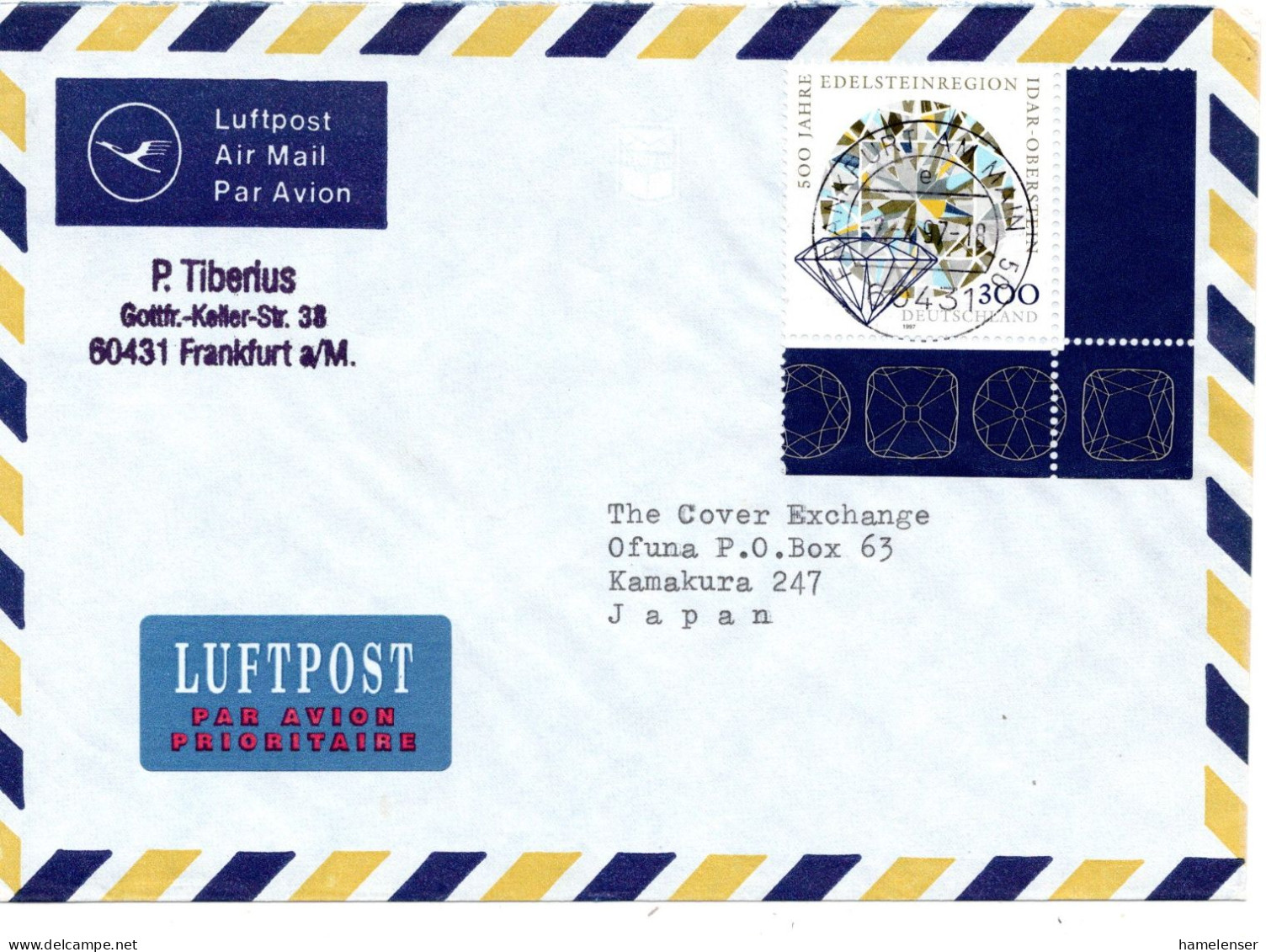 66286 - Bund - 1997 - 300Pfg Edelsteinregion EF A LpBf FRANKFURT -> Japan - Covers & Documents