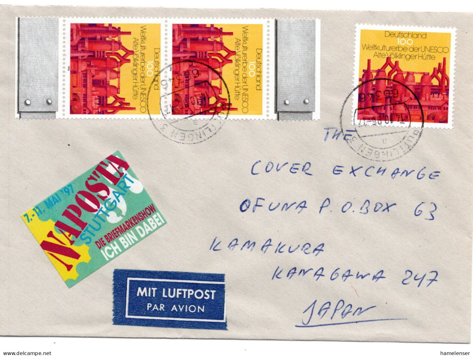 66289 - Bund - 1996 - 3@100Pfg Voelklinger Huette A LpBf PUETTLINGEN -> Japan - Cartas & Documentos