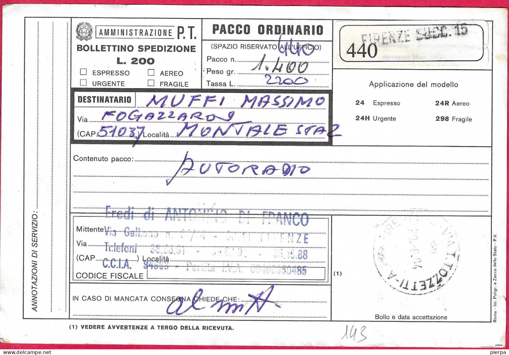 BOLLETTINO DI SPEDIZIONE PACCHI (INT. 143) DA "FIRENZE *29.6.84* PER MONTALE - Postal Parcels