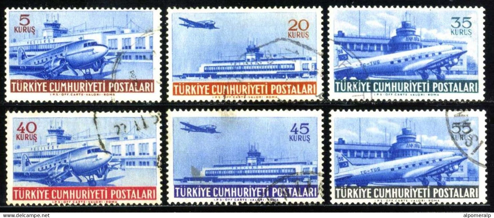 Türkiye 1954 Mi 1404-1409 Airmail, Plane, Aircraft, Douglas DC 3, Airfield, Yeşilköy And Esenboğa Airport - Gebraucht