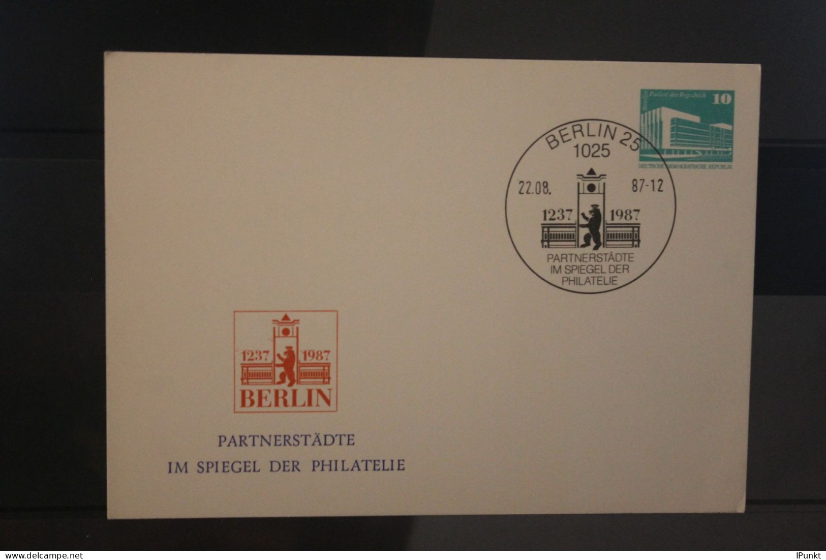 DDR 1987; 750 Jahre Berlin; Wertstempel Bauten, Klein; 10 Pf.; Partnerstädte; ESST - Cartes Postales Privées - Oblitérées