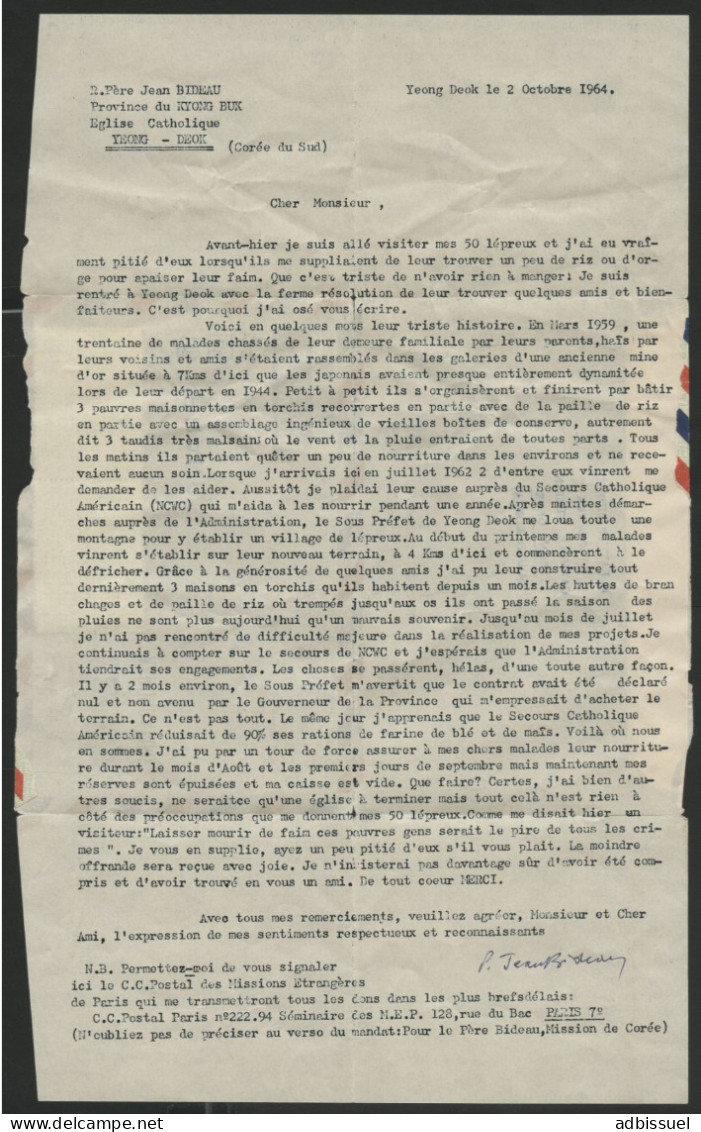 AEROGRAMME Mission Catholique De Yeong Deok En Corée Du Sud En 1964. Texte Intéressant Sur Les Lépreux. Père BIDEAU - Christianity