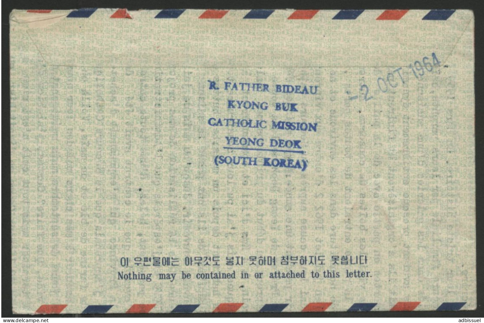 AEROGRAMME Mission Catholique De Yeong Deok En Corée Du Sud En 1964. Texte Intéressant Sur Les Lépreux. Père BIDEAU - Cristianesimo