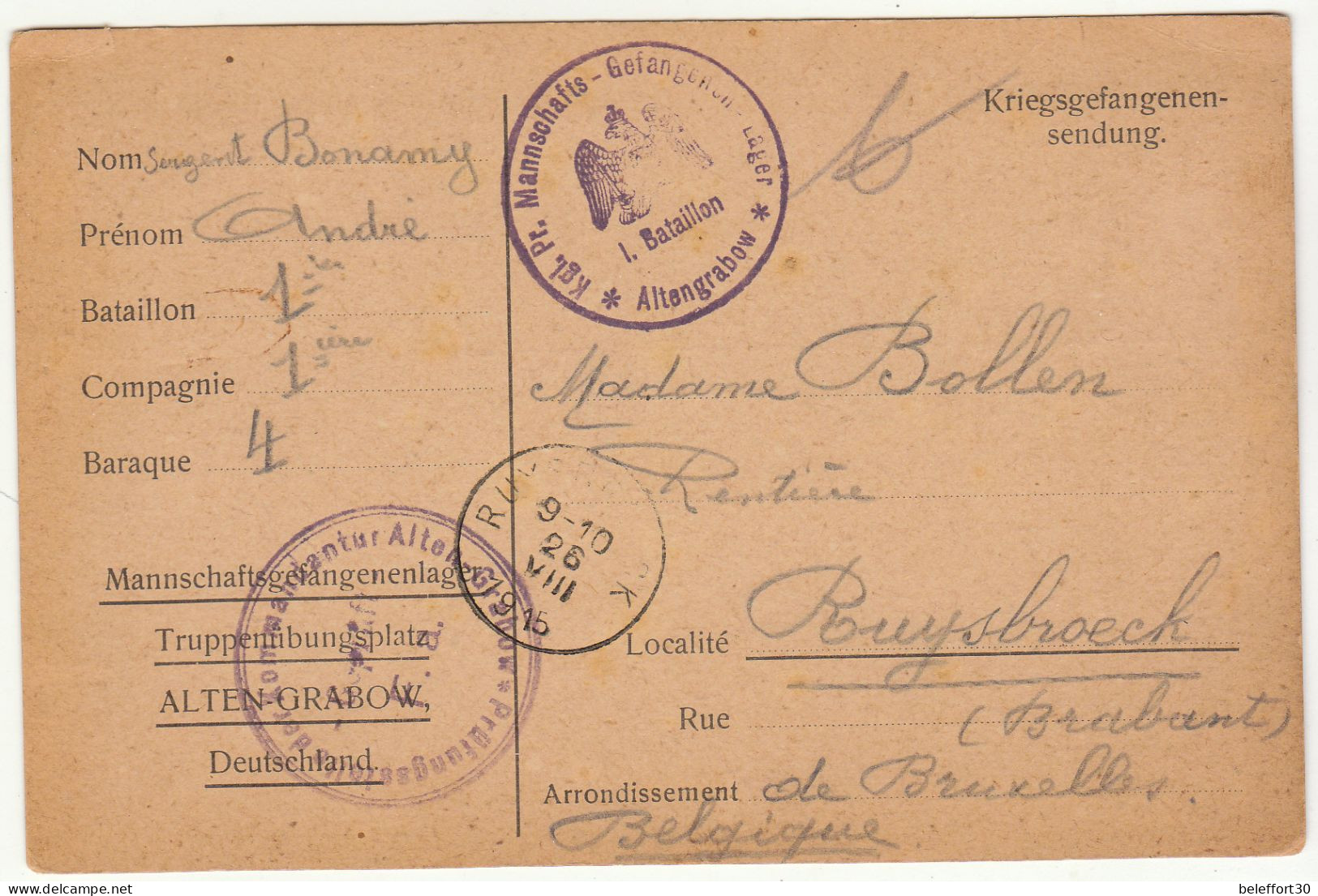 Lot De 2 CPFM Prisonnier Belge à Alten-Grabow Et Soltau 1915 - Kriegsgefangenschaft