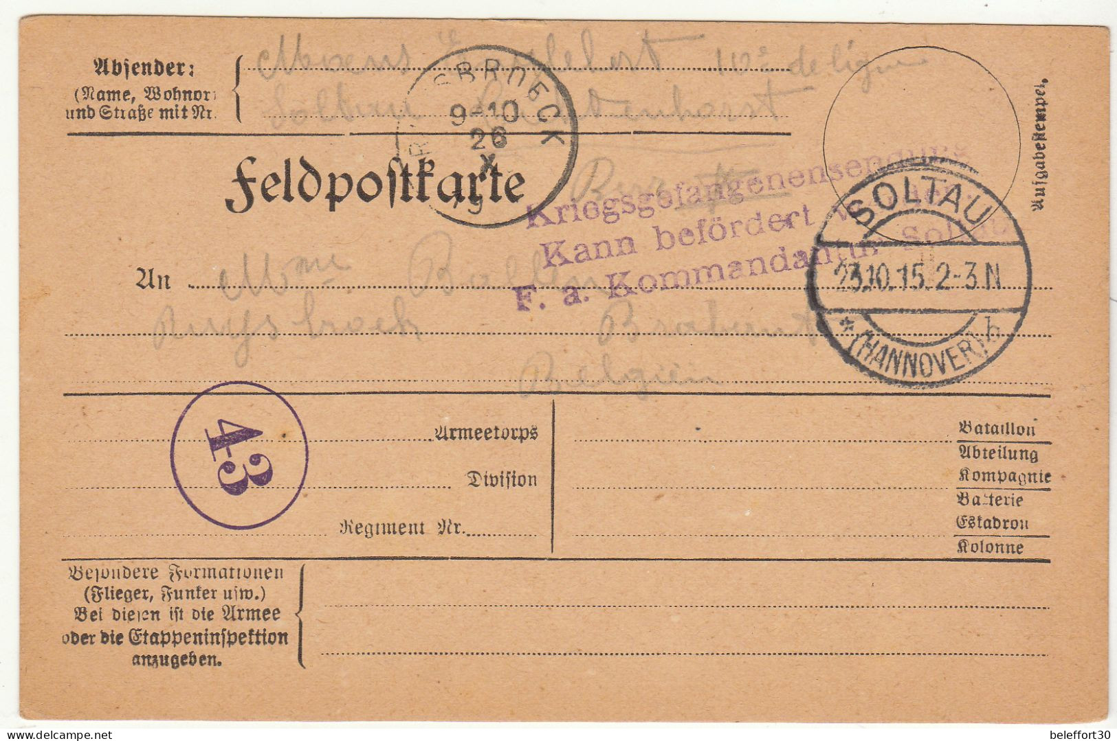 Lot De 2 CPFM Prisonnier Belge à Alten-Grabow Et Soltau 1915 - Prisonniers