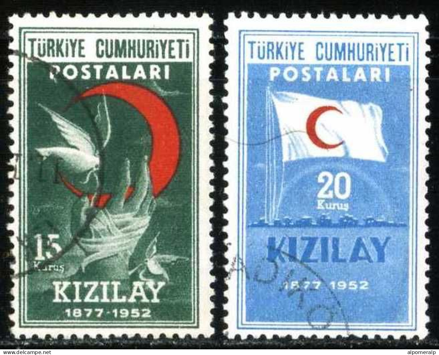 Türkiye 1952 Mi 1341-1342 75th Year Of Turkish Red Crescent Society | Red Cross And Red Crescent, Peace Dove, Hand - Used Stamps