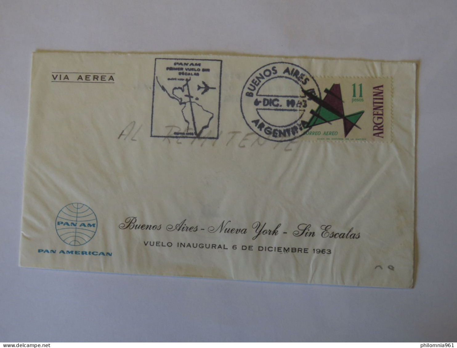 ARGENTINA PAN AMERICAN FLIGHT  FIRST FLIGHT COVER BUENOS AIRES - NEW YORK  1963 - Gebraucht