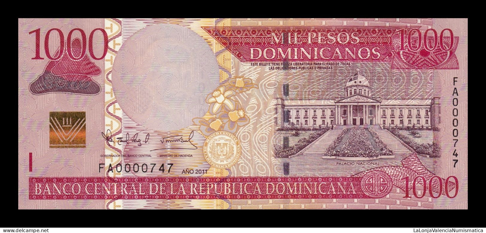 República Dominicana 1000 Pesos Dominicanos 2011 Pick 187a Low Serial 747 Sc Unc - Dominicana