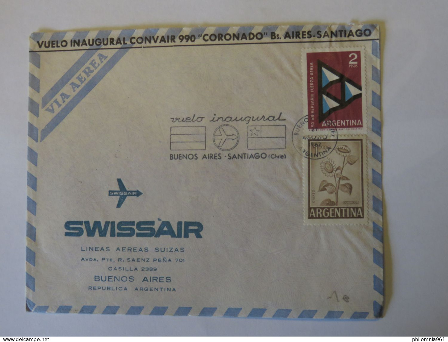 ARGENTINA SWISSAIR FLIGHT  FIRST FLIGHT COVER BUENOS AIRES - SANTIAGO  1962 - Usati