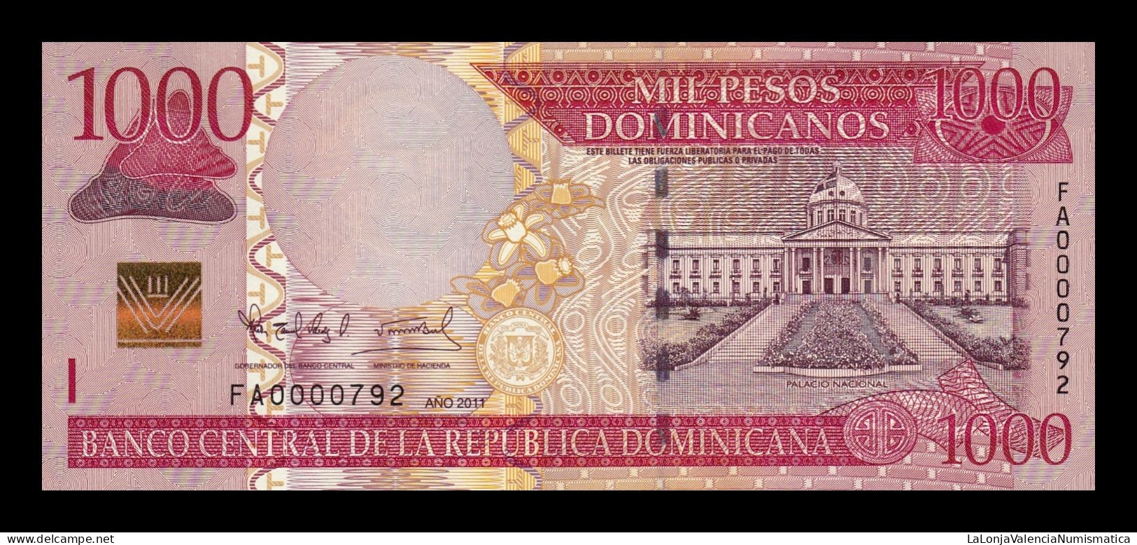 República Dominicana 1000 Pesos Dominicanos 2011 Pick 187a Low Serial 792 Sc Unc - Dominicana