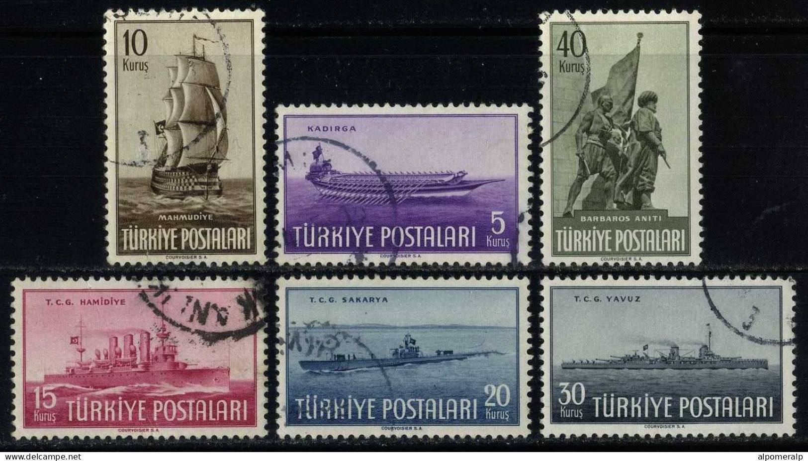 Türkiye 1949 Mi 1235-1240 Fleet Day | Turkish Galley, Frigate, Small Cruiser, Submarine, Battlecruiser, Barbarossa - Used Stamps