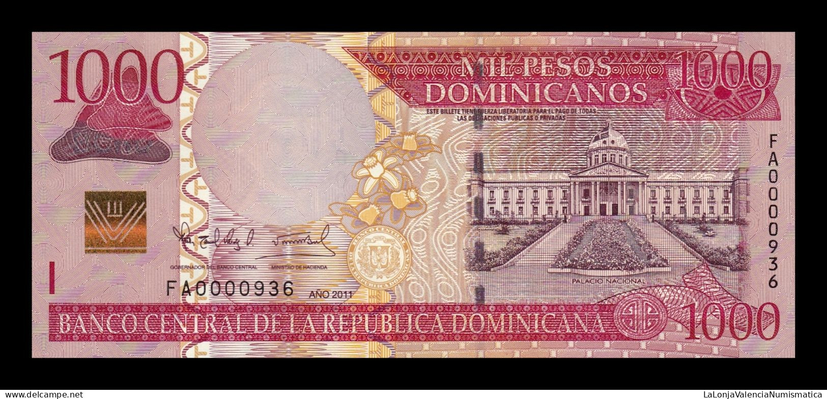 República Dominicana 1000 Pesos Dominicanos 2011 Pick 187a Low Serial 936 Sc Unc - Dominicaine