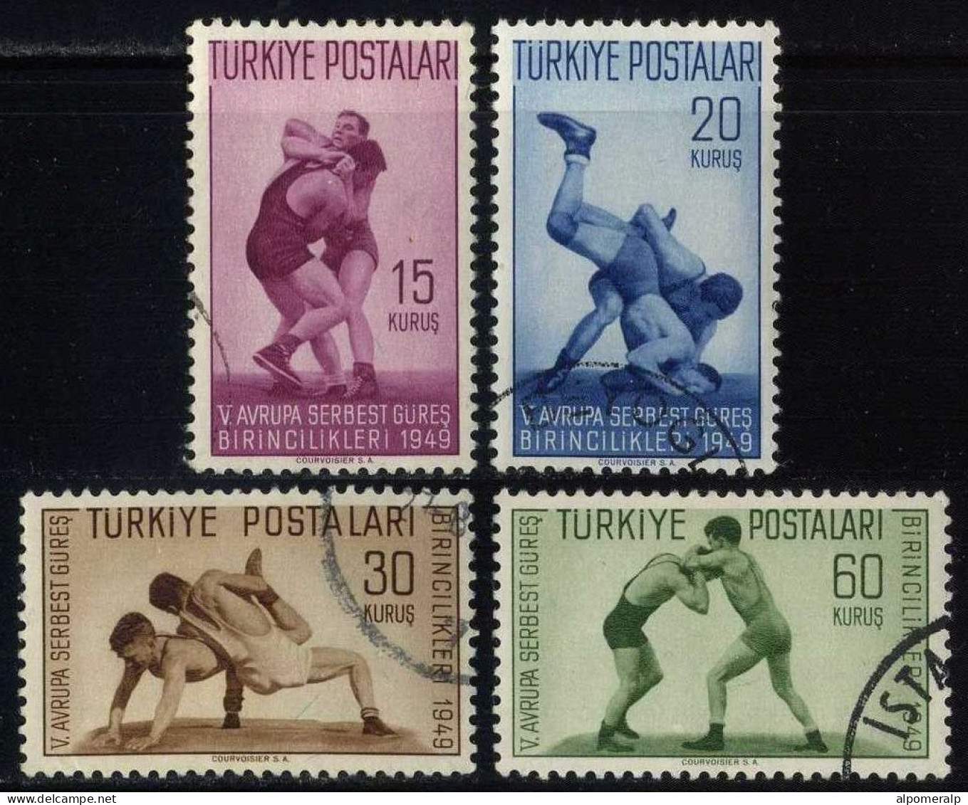Türkiye 1949 Mi 1231-1234 5th European Wrestling Championships, Istanbul | Martial Arts, Wrestlers - Oblitérés