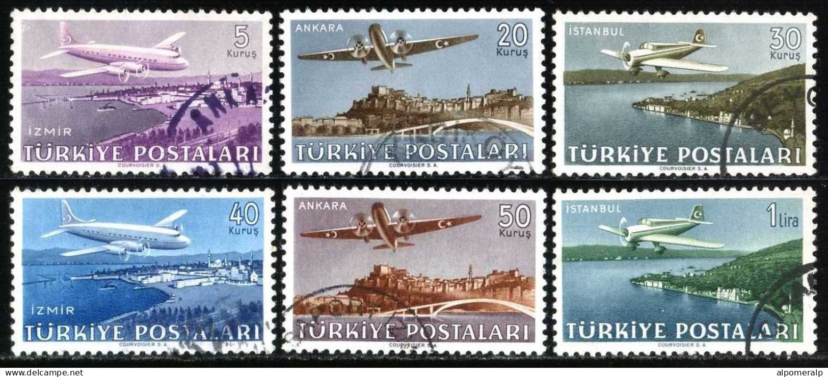 Türkiye 1949 Mi 1225-1230 Airmail Stamps | Turkish Aircraft | Douglas DC6, Vickers Viking 18, Curtiss-Wright CW-22 - Usati