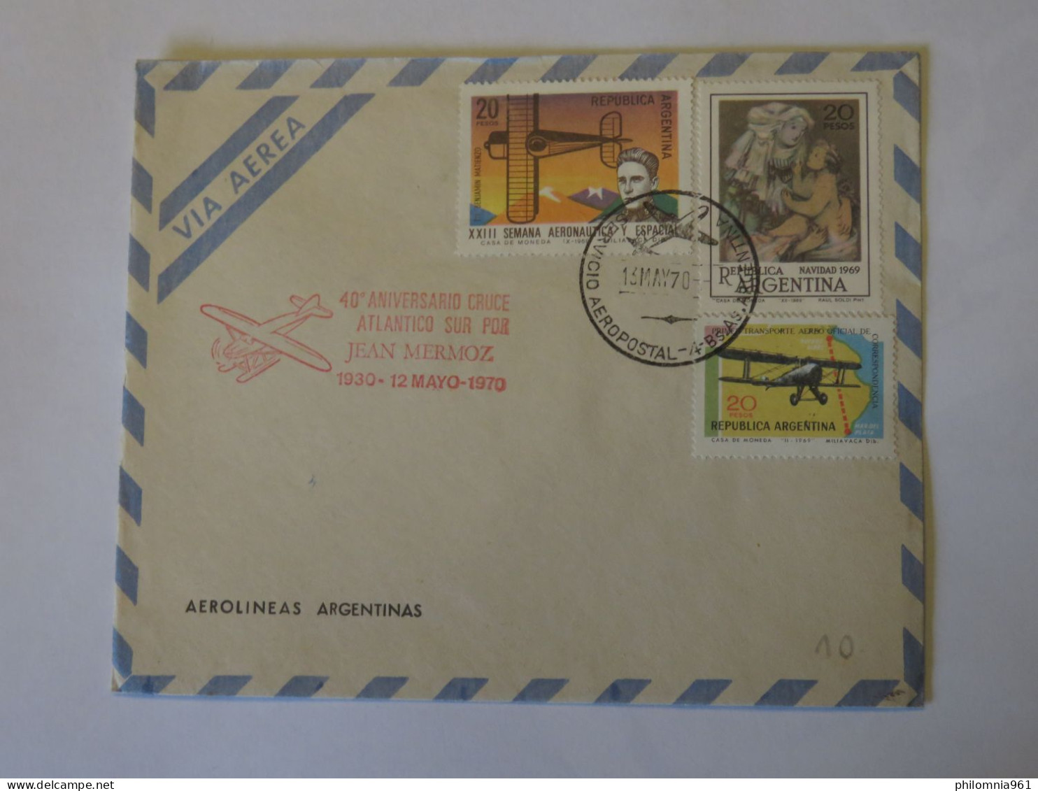 ARGENTINA  40 SOUTH ATLANTIC CROSSING ANNIVERSARY BY JEAN MERMOZ FLIGHT  FIRST FLIGHT COVER 1970 - Usados