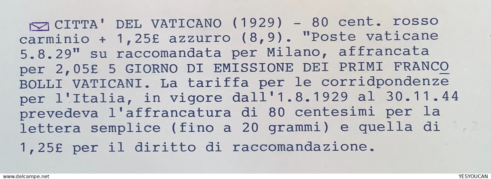 Sa.8,9 1929 80c+1,25L Lettera Raccomandata>Milano(Vatican First Issue Cover RARE EARLY DATE Vaticano Italia Italy Lettre - Cartas & Documentos