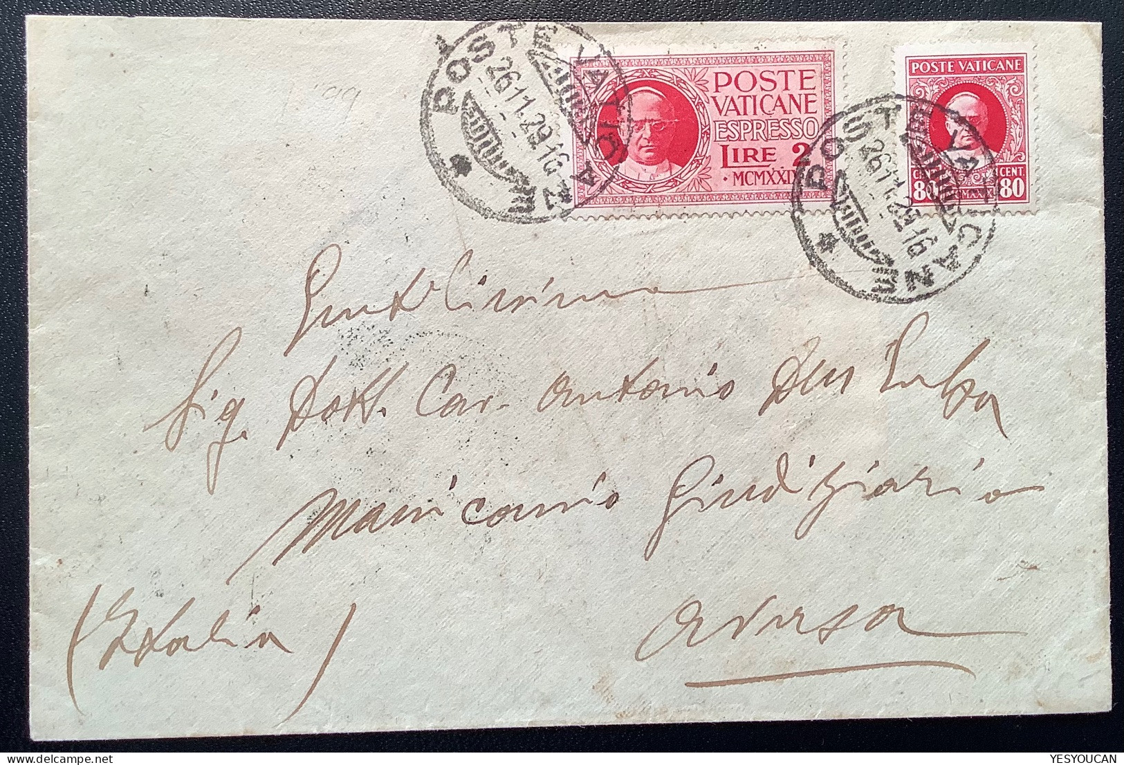 Sa.8, E1 1929 80c+2L ESPRESSI Lettera (Vatican First Issue Cover Vaticano Italia Italy Lettre Express Espresso - Briefe U. Dokumente