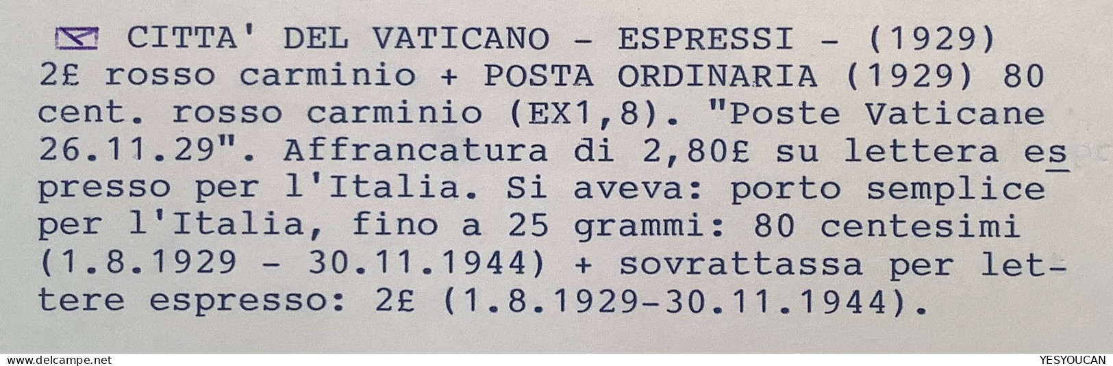 Sa.8, E1 1929 80c+2L ESPRESSI Lettera (Vatican First Issue Cover Vaticano Italia Italy Lettre Express Espresso - Storia Postale