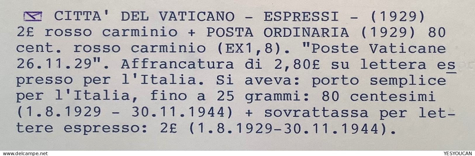 Sa.8, E1 1929 80c+2L ESPRESSI Lettera (Vatican First Issue Cover Vaticano Italia Italy Lettre Express Espresso - Briefe U. Dokumente