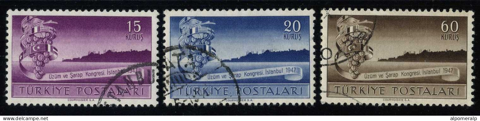 Türkiye 1947 Mi 1196-1198 International Grape And Wine Congress, Istanbul | Grapes And Istanbul Skyline, Flag - Gebraucht