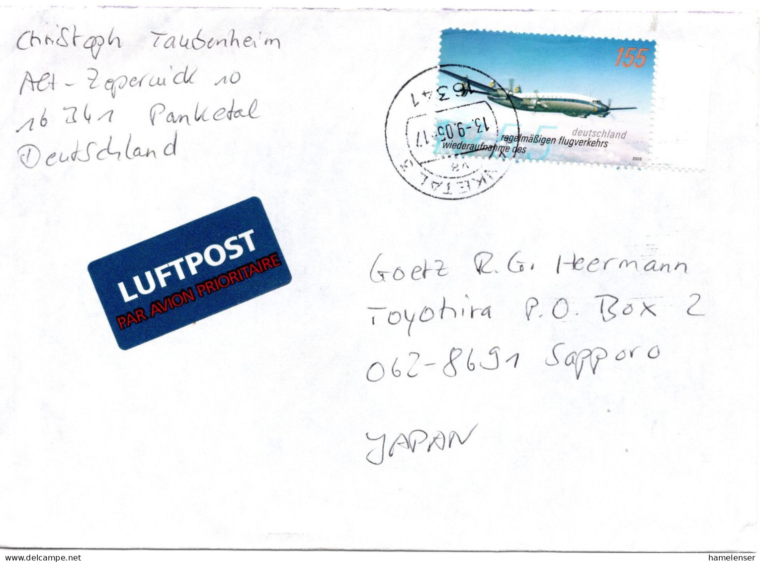 66313 - Bund - 2005 - 155c Luftfahrt EF A LpBf PANKETAL -> Japan - Storia Postale