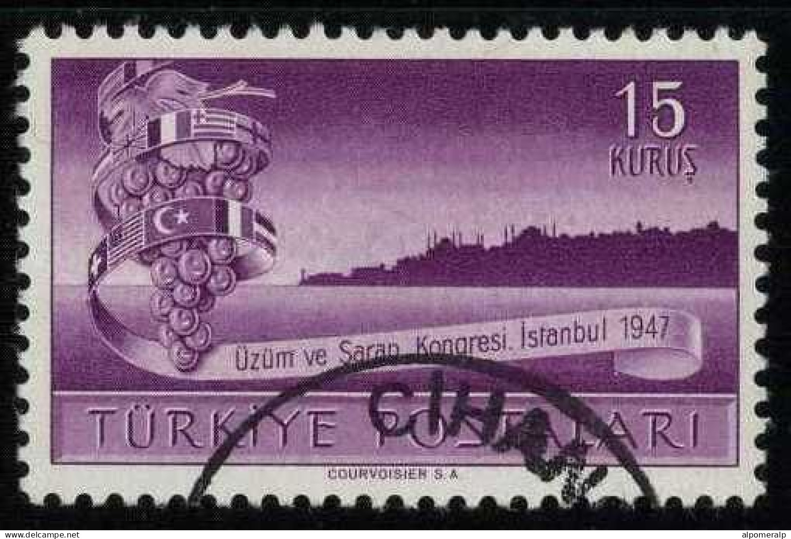 Türkiye 1947 Mi 1196 International Grape And Wine Congress, Istanbul | Grapes And Istanbul Skyline, Flag - Oblitérés