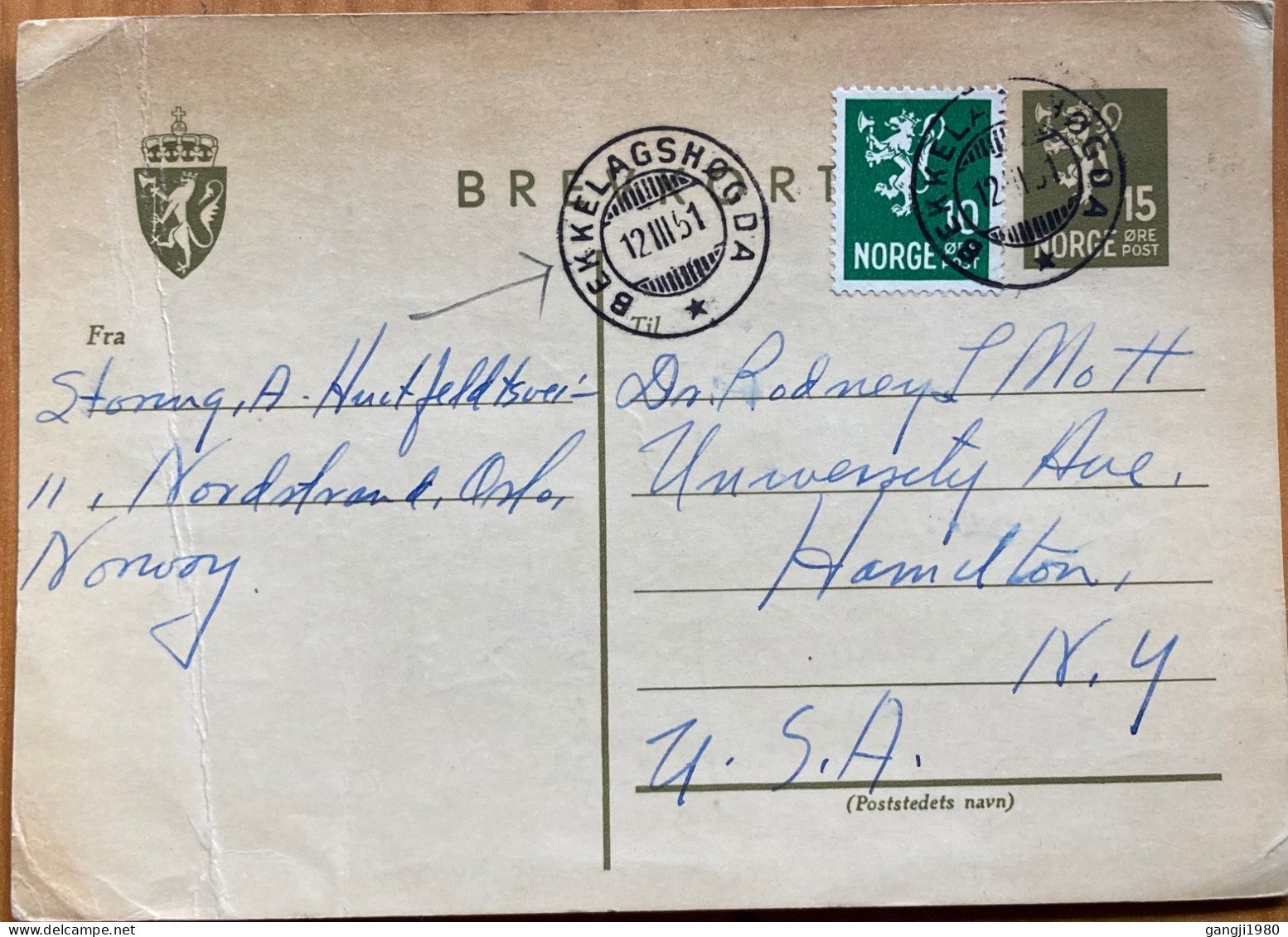 NORWAY 1951, POSTAL STATIONERY CARD, ILLUSTRATE, LION RAMPANT, USED TO USA, BEKKELAGSHOGDA CITY CANCEL. - Briefe U. Dokumente
