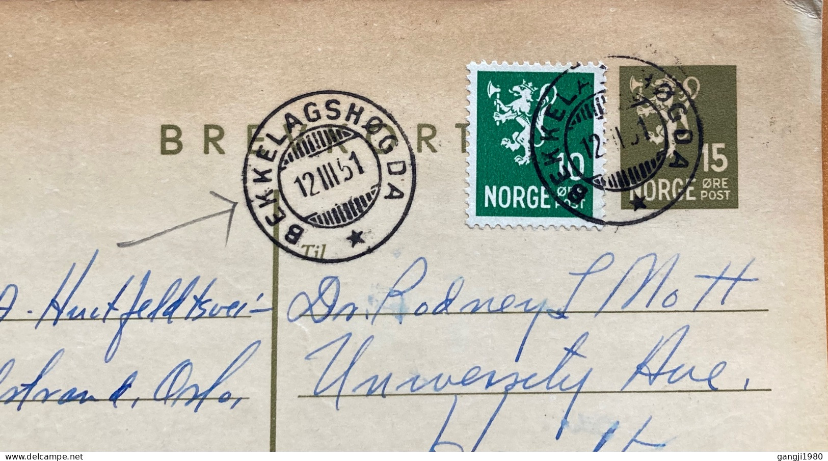 NORWAY 1951, POSTAL STATIONERY CARD, ILLUSTRATE, LION RAMPANT, USED TO USA, BEKKELAGSHOGDA CITY CANCEL. - Cartas & Documentos