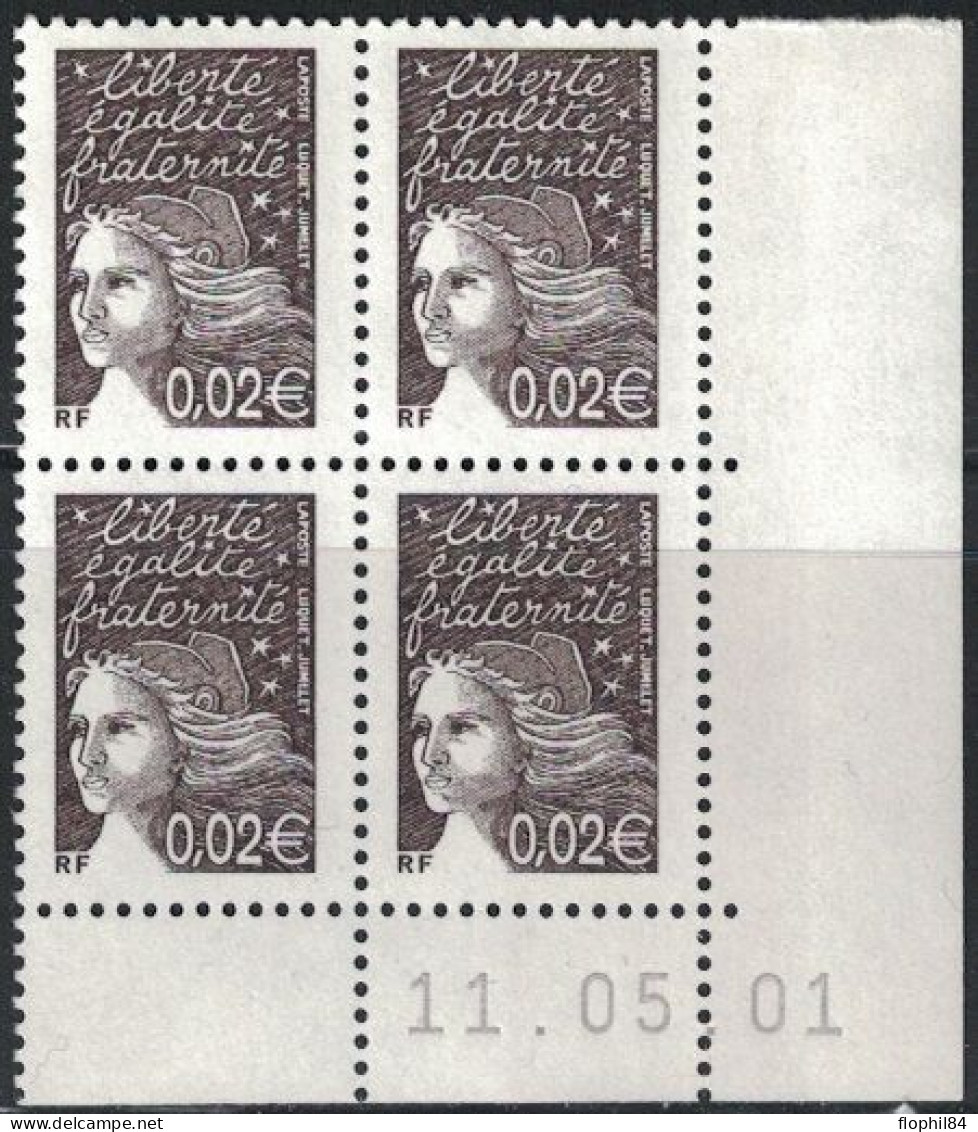 MARIANNE DE LUQUET - N°3444 - 0.02€ -  BLOC DE 4 - COIN DATE - LE 11-5-2001 - COTE 1€. - 2000-2009