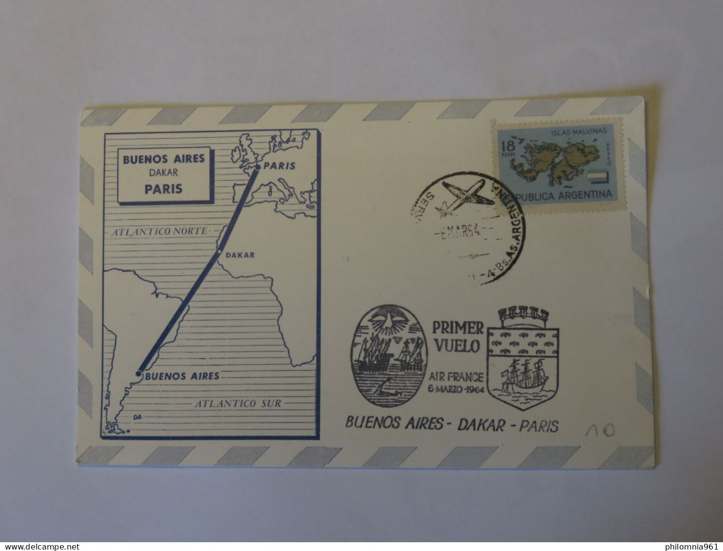 ARGENTINA FIRST FLIGHT COVER BUENOS AIRES - DAKAR - PARIS 1964 - Gebraucht