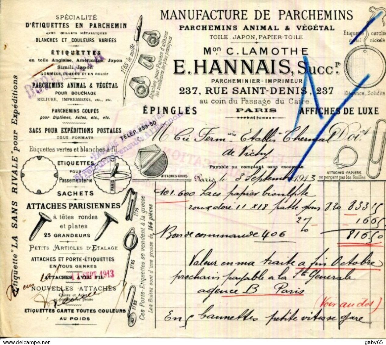 FACTURE.PARIS.MANUFACTURE DE PARCHEMINS VEGETAL & ANIMAL.E.HANNAIS PARCHEMINIER-IMPRIMEUR 237 RUESAINT DENIS. - Drukkerij & Papieren