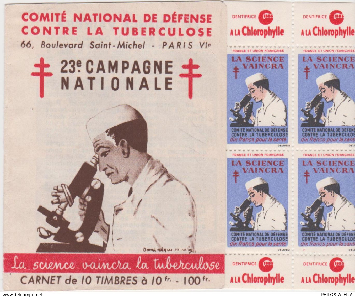 Carnet 10 Timbres Vignettes 10fr Comité National Défense Contre Tuberculose 23e Campagne Nationale La Science Vaincra - Rode Kruis