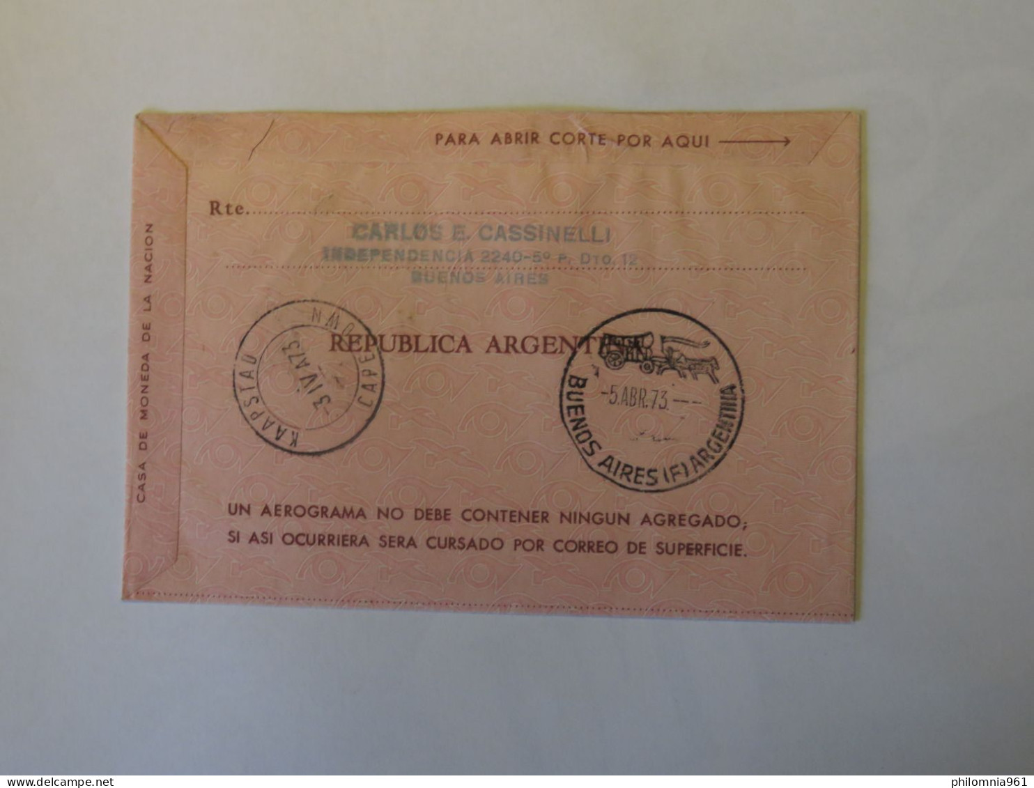 ARGENTINA FIRST FLIGHT COVER BUENOS AIRES -CAPE TOWN 1973 - Usados
