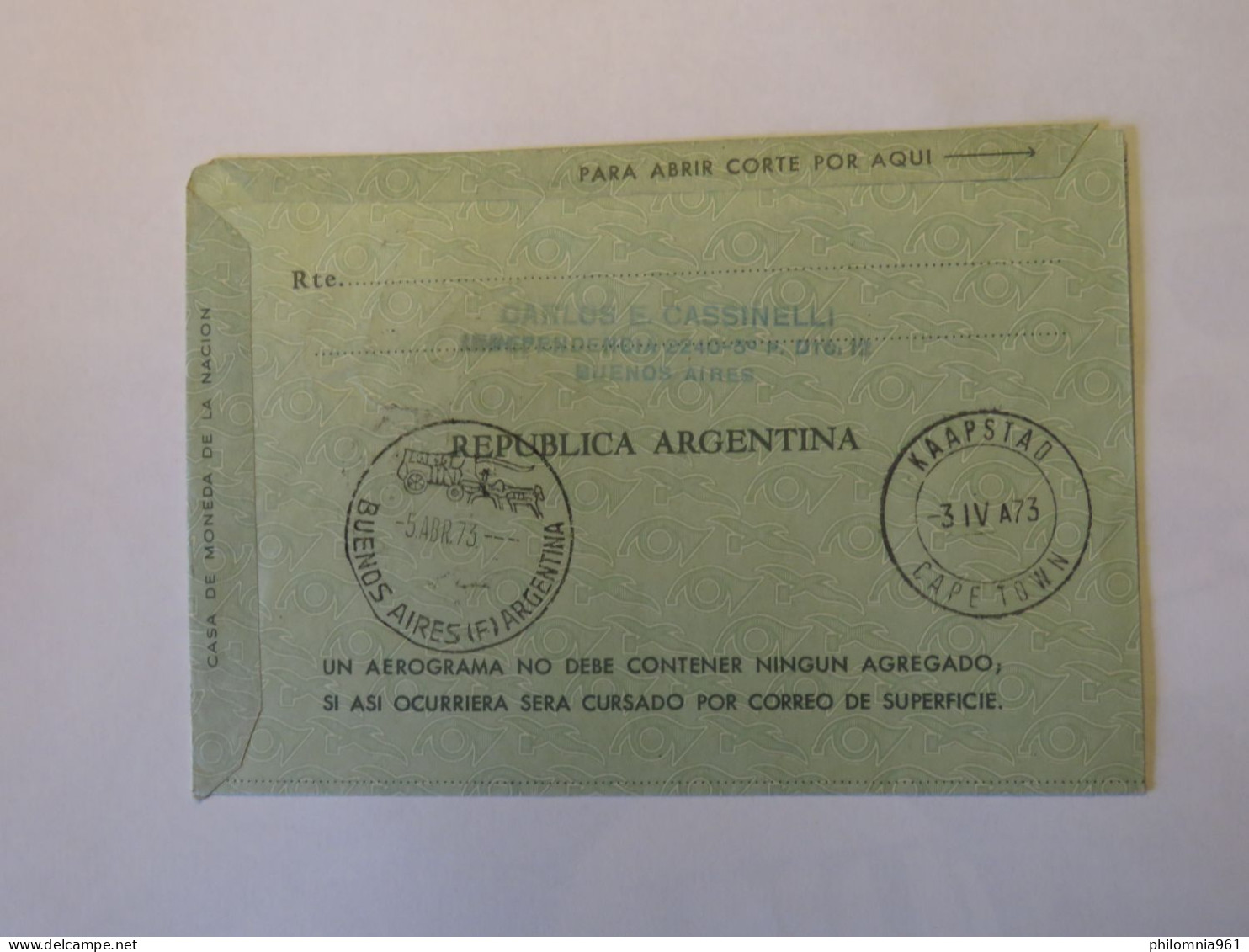 ARGENTINA FIRST FLIGHT COVER BUENOS AIRES - CAPE TOWN 1973 - Usados