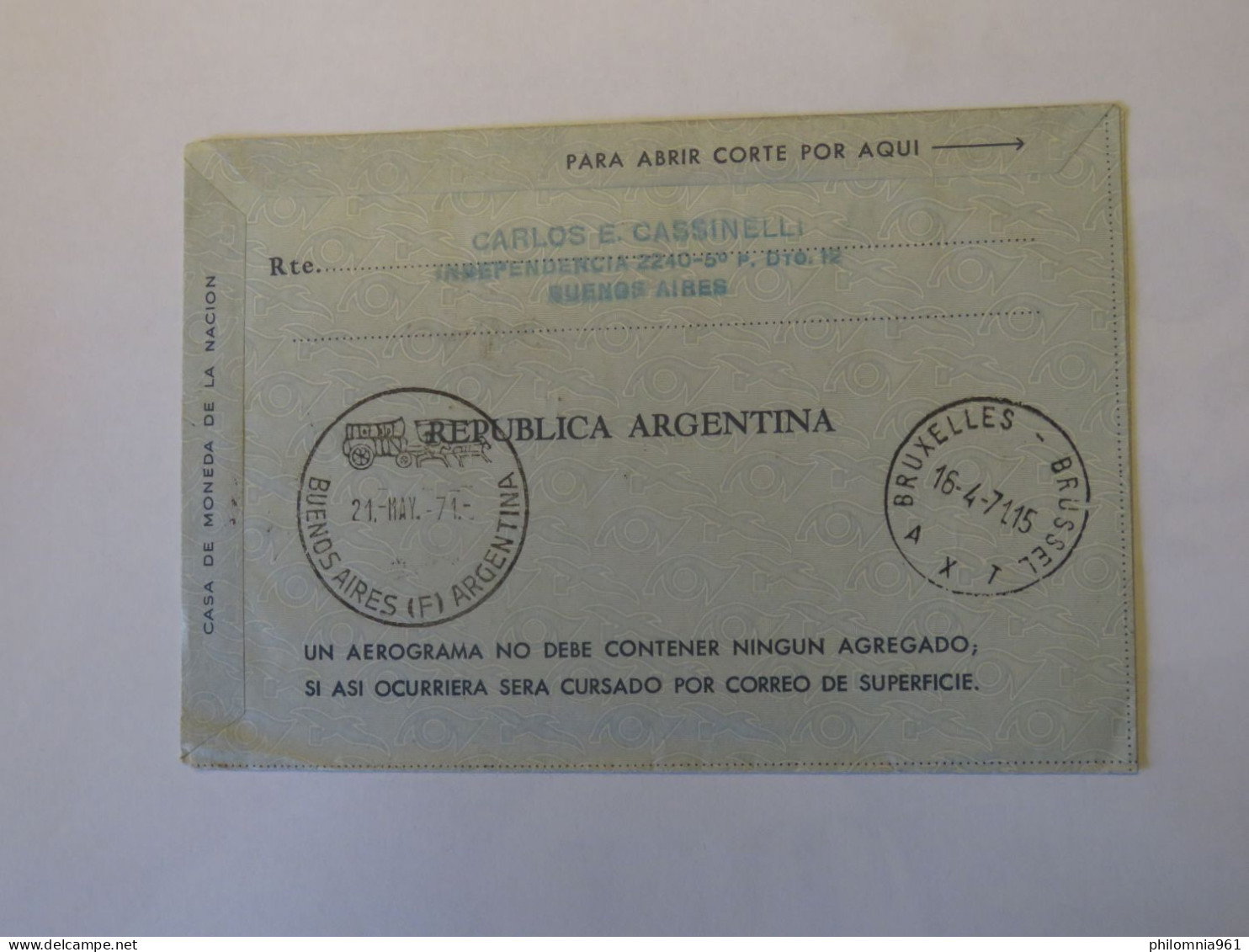 ARGENTINA FIRST FLIGHT COVER BUENOS AIRES - BRUSSELS 1971 - Used Stamps