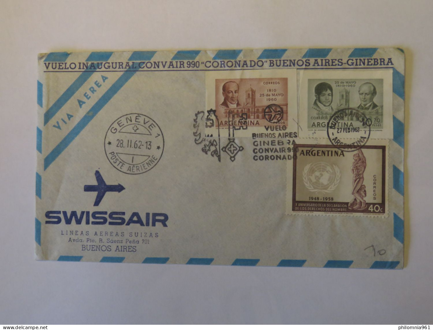 ARGENTINA SWISSAIR FIRST FLIGHT COVER BUENOS AIRES - GENOVA 1962 - Gebruikt