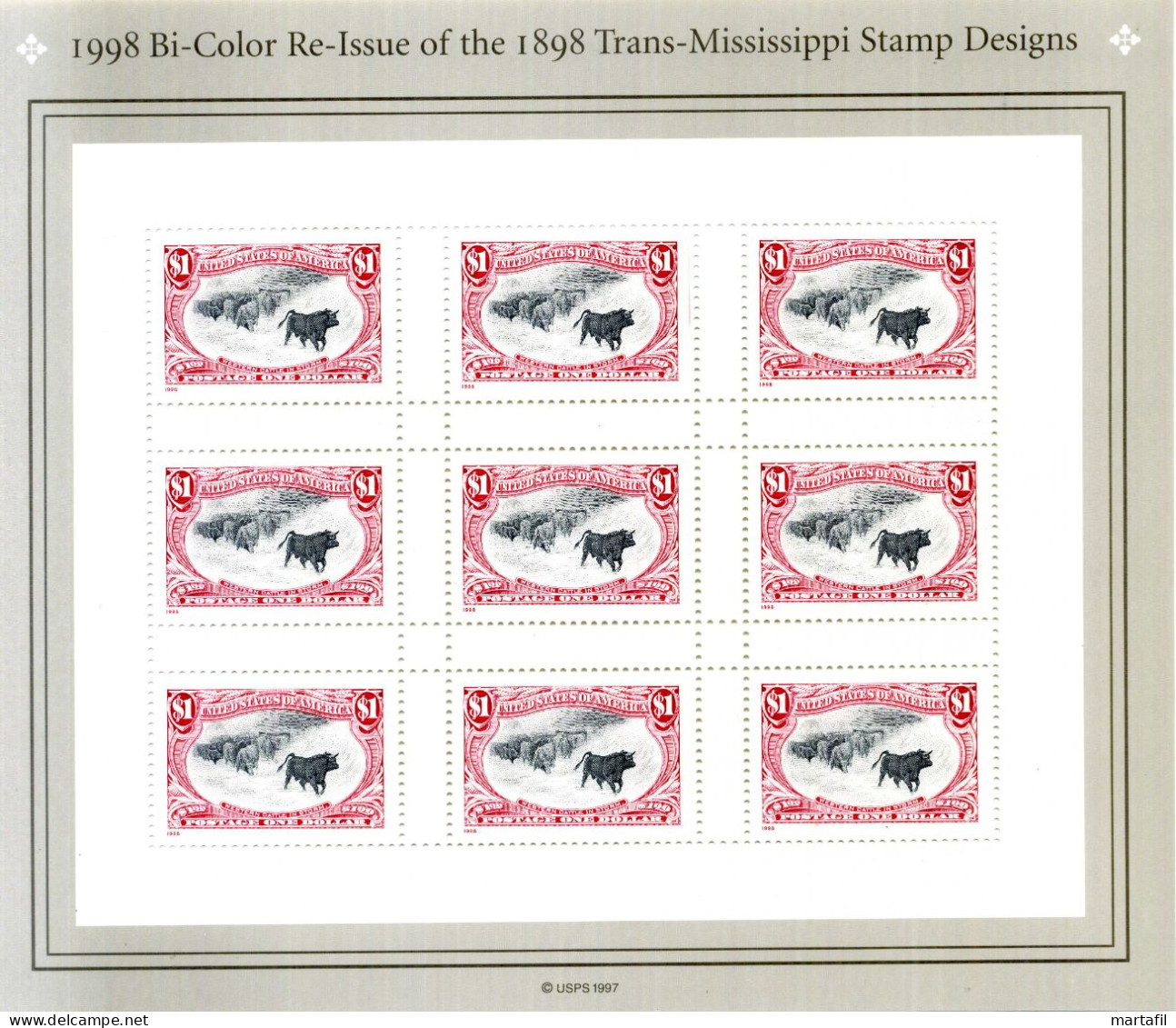 1998 United States USA Stati Uniti BF 43 MNH ** 3100x9 Bi-color Re-issue Of The 1898 Trans-Mississippi Stamp Designs - Blocs-feuillets