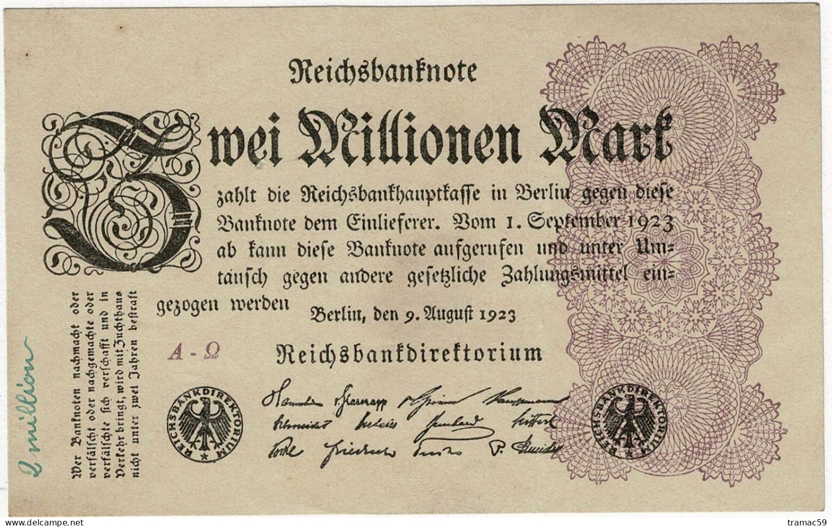 BILLET 2 MILLIONS MARK REICHSBANKNOTE 2 MILLIONEN MARK 1923 - 2 Miljoen Mark