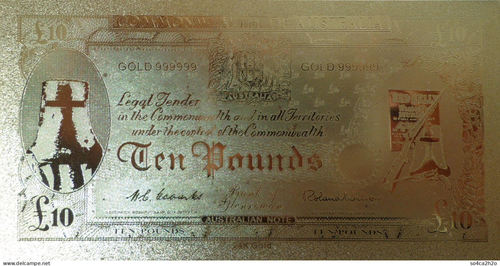 Billet Plaqué Or 24K Commonwealth Australien Banknote 10 Pounds  UNC - Fakes & Specimens
