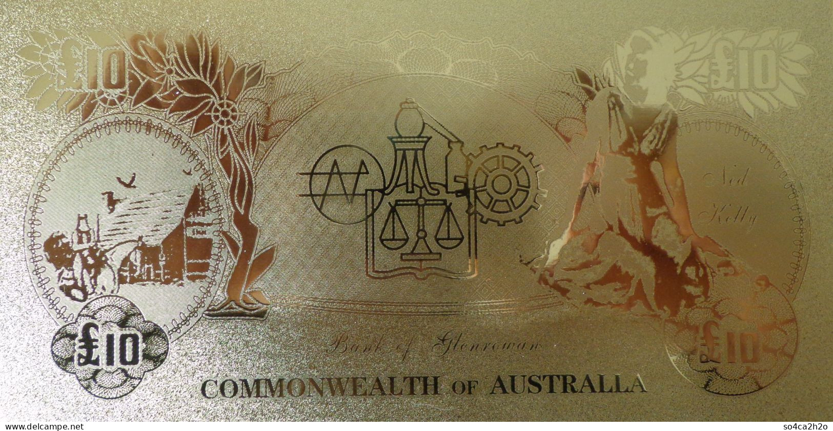 Billet Plaqué Or 24K Commonwealth Australien Banknote 10 Pounds  UNC - Fakes & Specimens