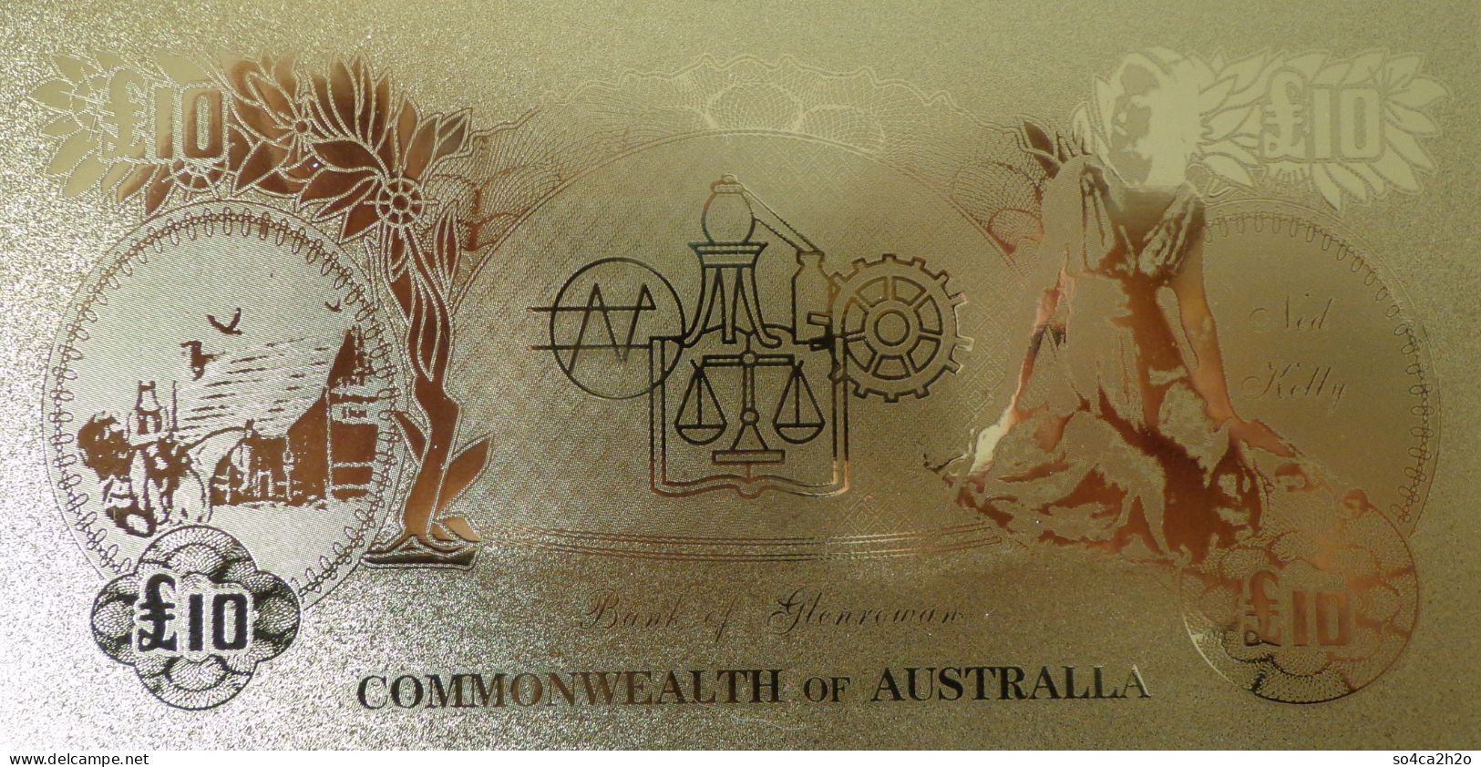 Billet Plaqué Or 24K Commonwealth Australien Banknote 10 Pounds  UNC - Specimen