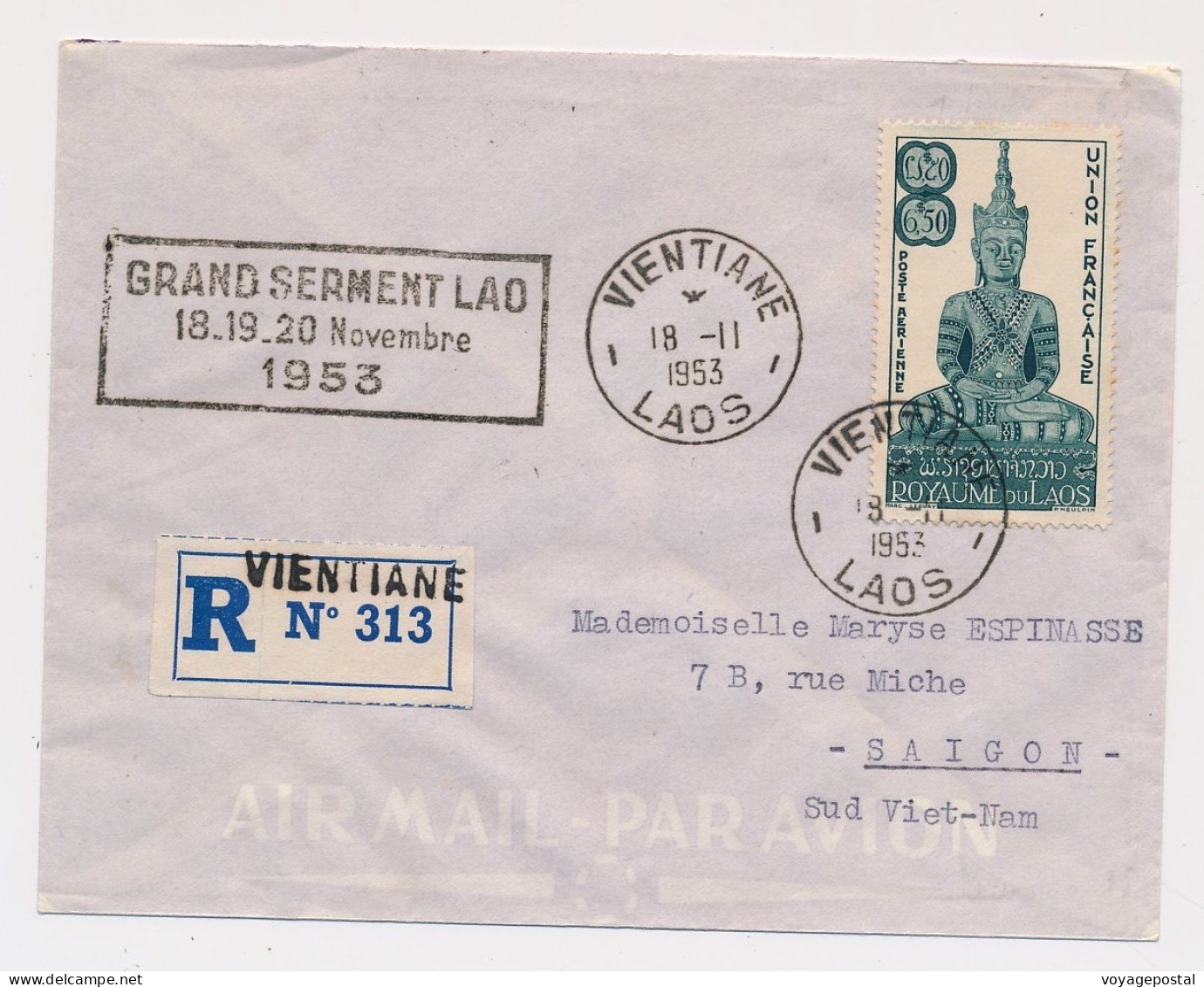 LETTRE RECOMMANDÉE FDC VIENTIANE LAOS SERMENT 1953 FIRST DAY COVER CAMBODIA - Laos