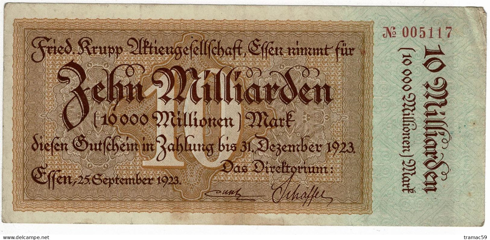 BILLET 10 MILLIARDS MARK ZEHN MILLIARDEN MARK KRUPP ESSEN1923 - 10 Milliarden Mark