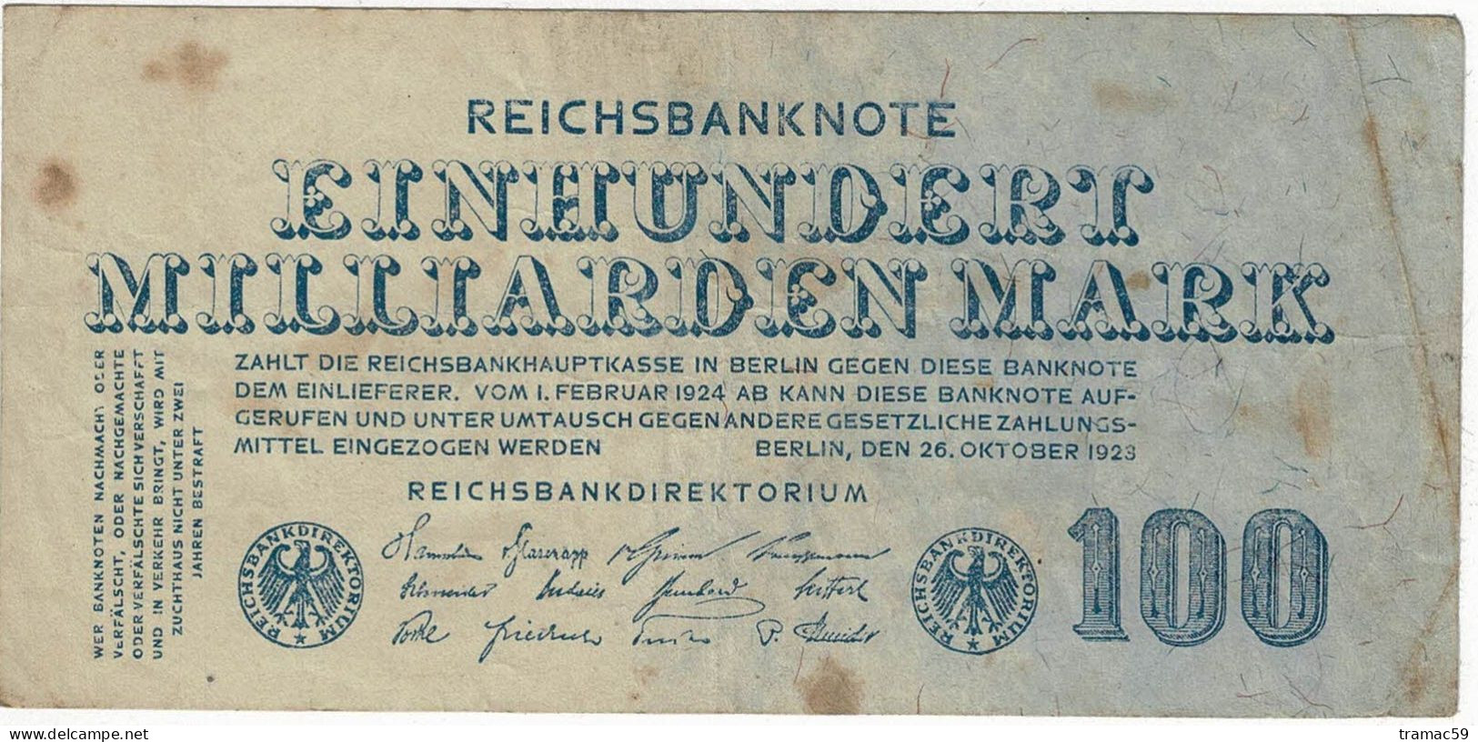 BILLET 100 MILLIARDS MARK EINHUNDERT MILLIARDEN MARK BERLIN1923 - 100 Miljard Mark