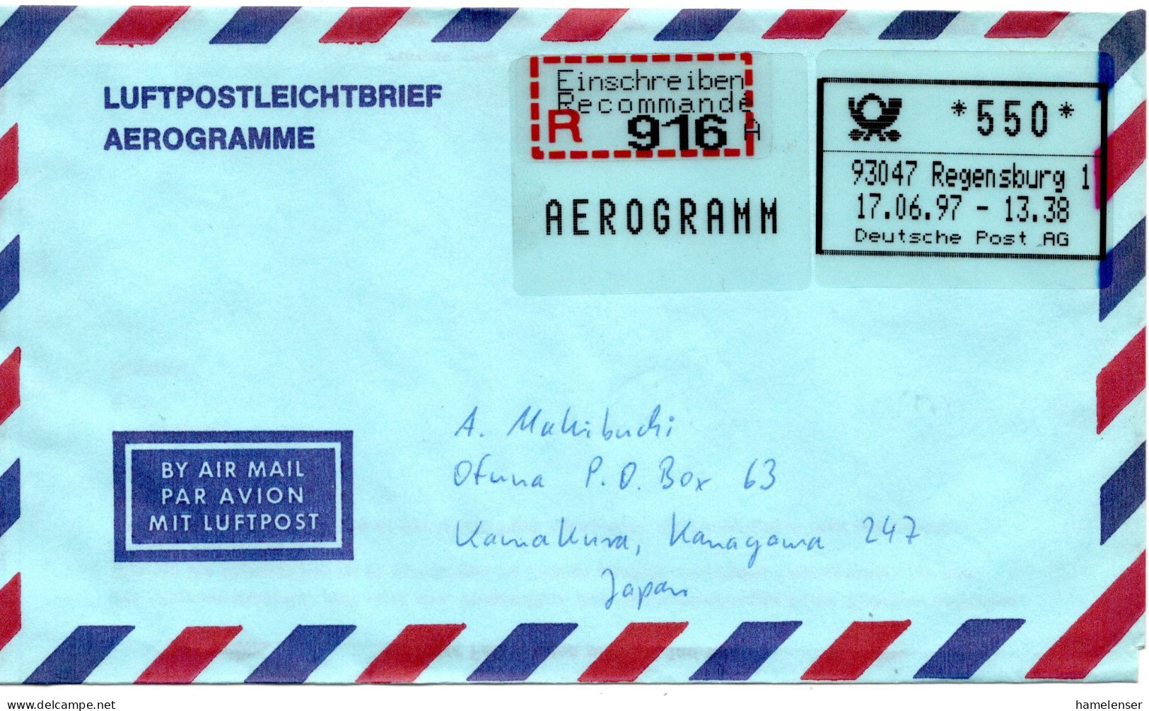 66321 - Bund - 1997 - 550Pfg Versuchsautomat-Postfreistempel A R-Aerogramm REGENSBURG -> Japan - Lettres & Documents